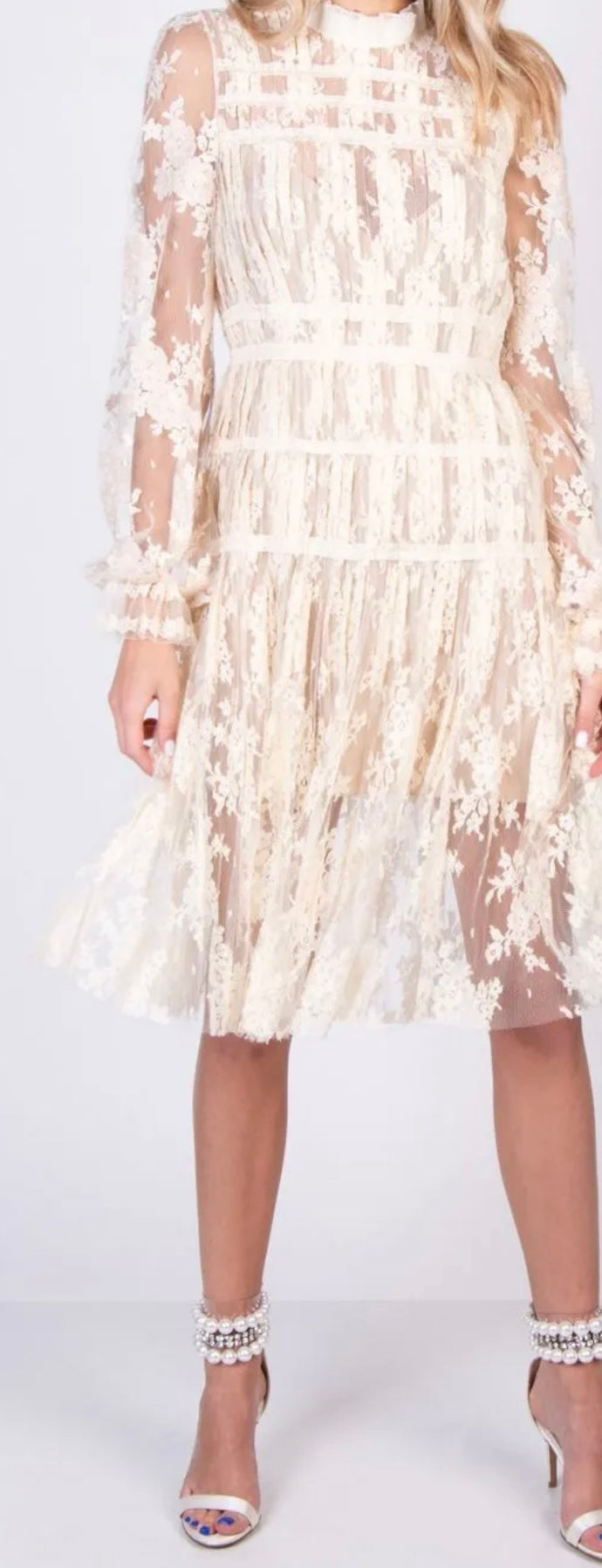 $9100 BOTTEGA VENETA Lace Fit & Flare Dress IT40 US4 UK8 M Pleated Mock Neck