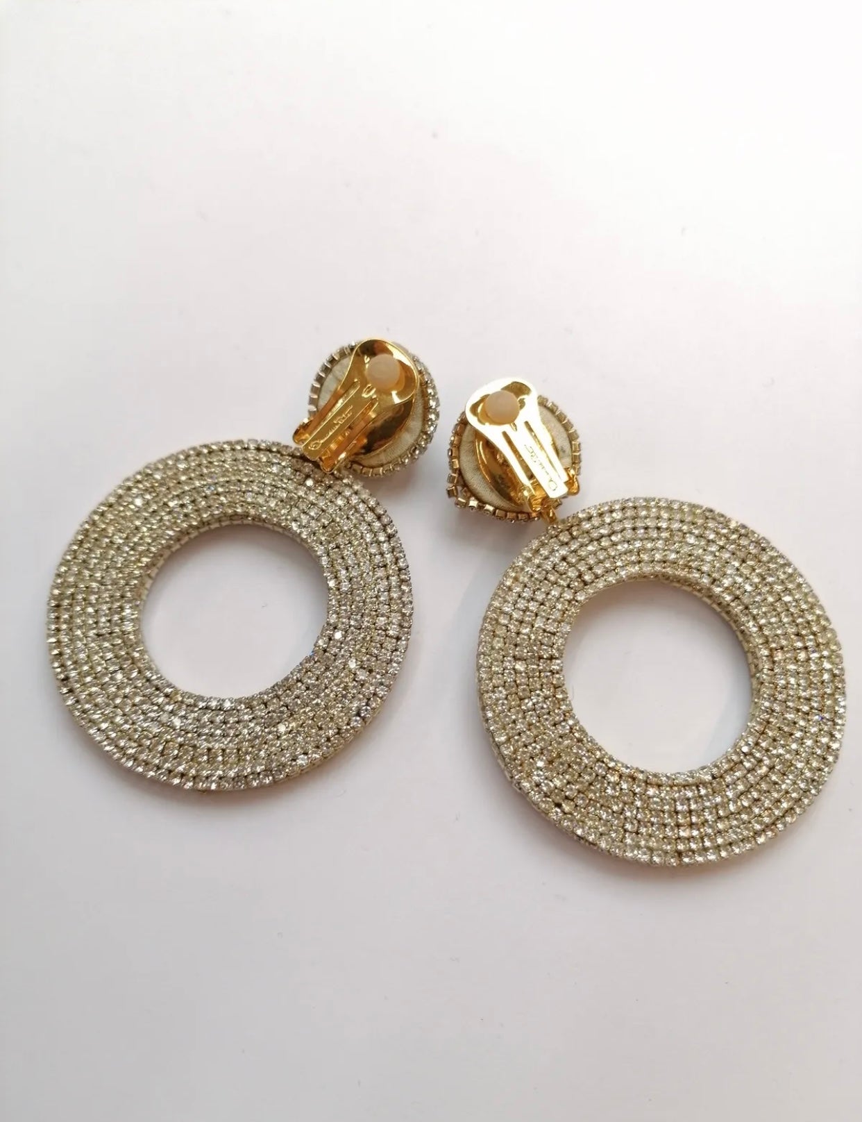 $380 OSCAR DE LA RENTA Hoop Clip On Earrings Rhinestones Embellished