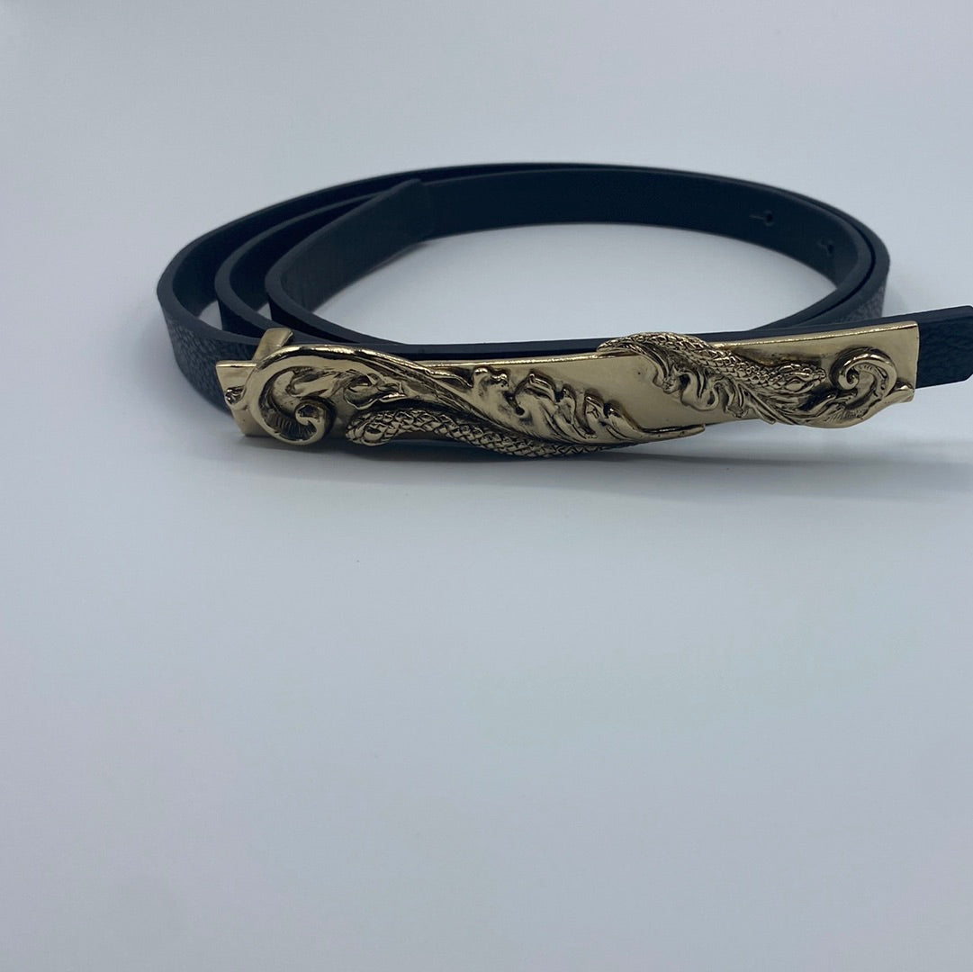 $650 Roberto Cavalli Black Leather Belt With Gold Plated Snake Buckle. Made in Italy