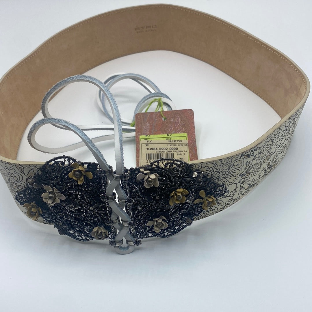 $860 ETRO Leather waist Belt, Size 75/30, Floral Pattern, lace up Front Closure.