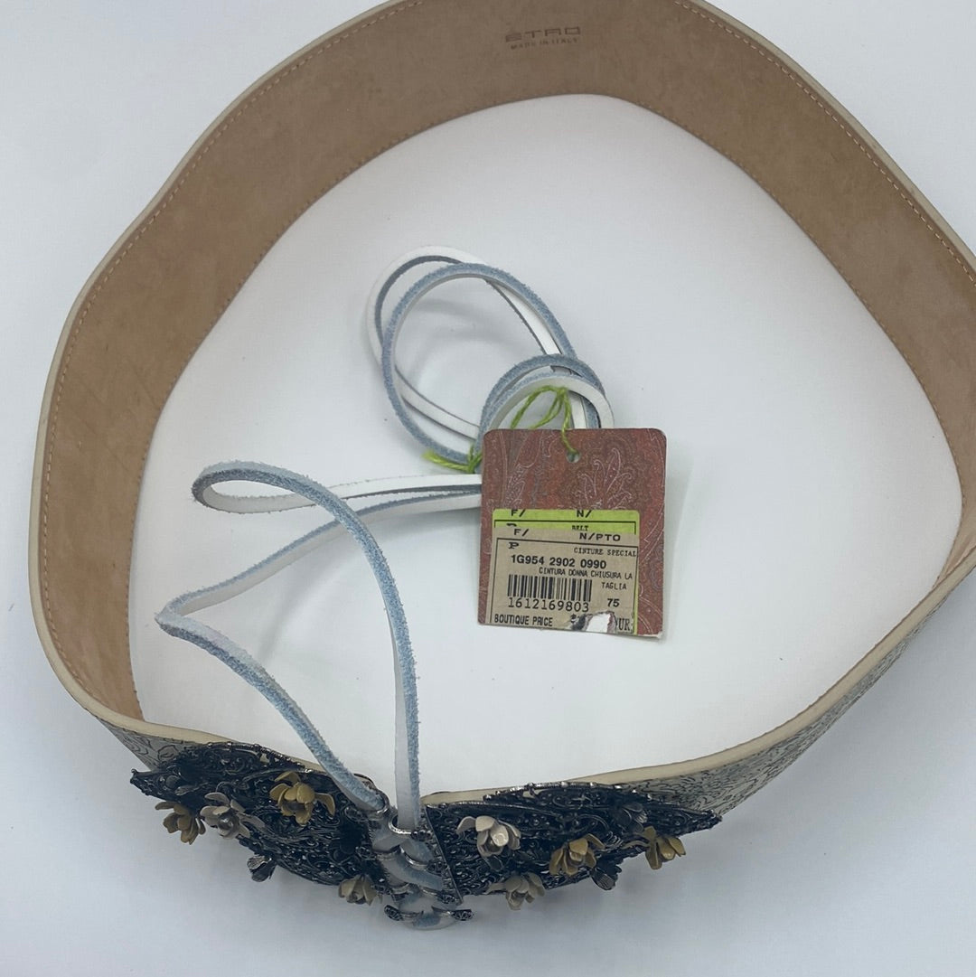 $860 ETRO Leather waist Belt, Size 75/30, Floral Pattern, lace up Front Closure.
