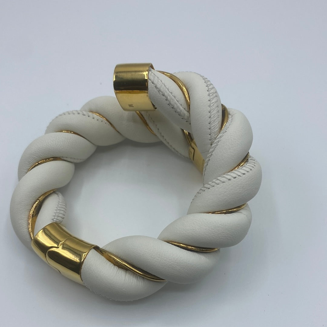 $1495 BOTTEGA VENETA 925 Silver & Leather Cuff Bracelet Size M Twist Two Tone