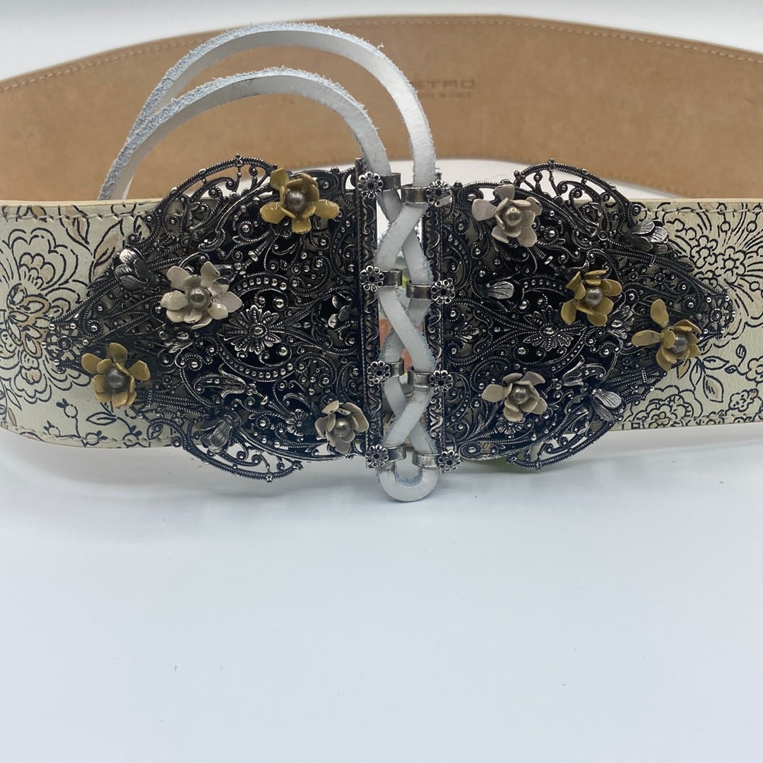 $860 ETRO Leather waist Belt, Size 75/30, Floral Pattern, lace up Front Closure.