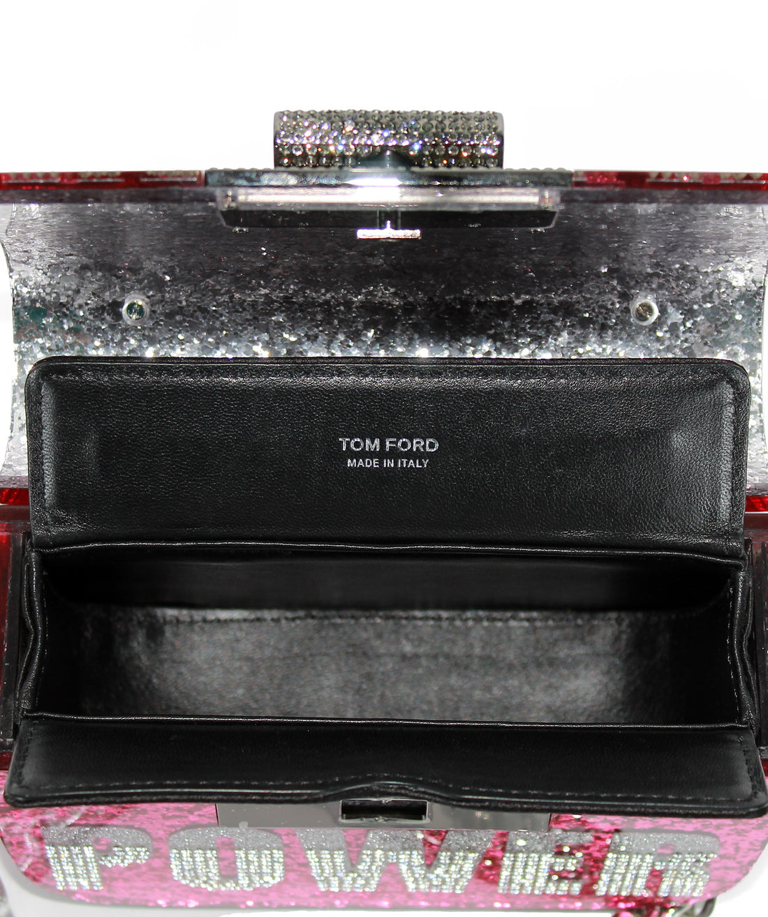 $15500 TOM FORD Limited Edition, Very Rare Collectible Glitter Shoulder Bag Rhinestones Slogan Chain Strap Turnlock.