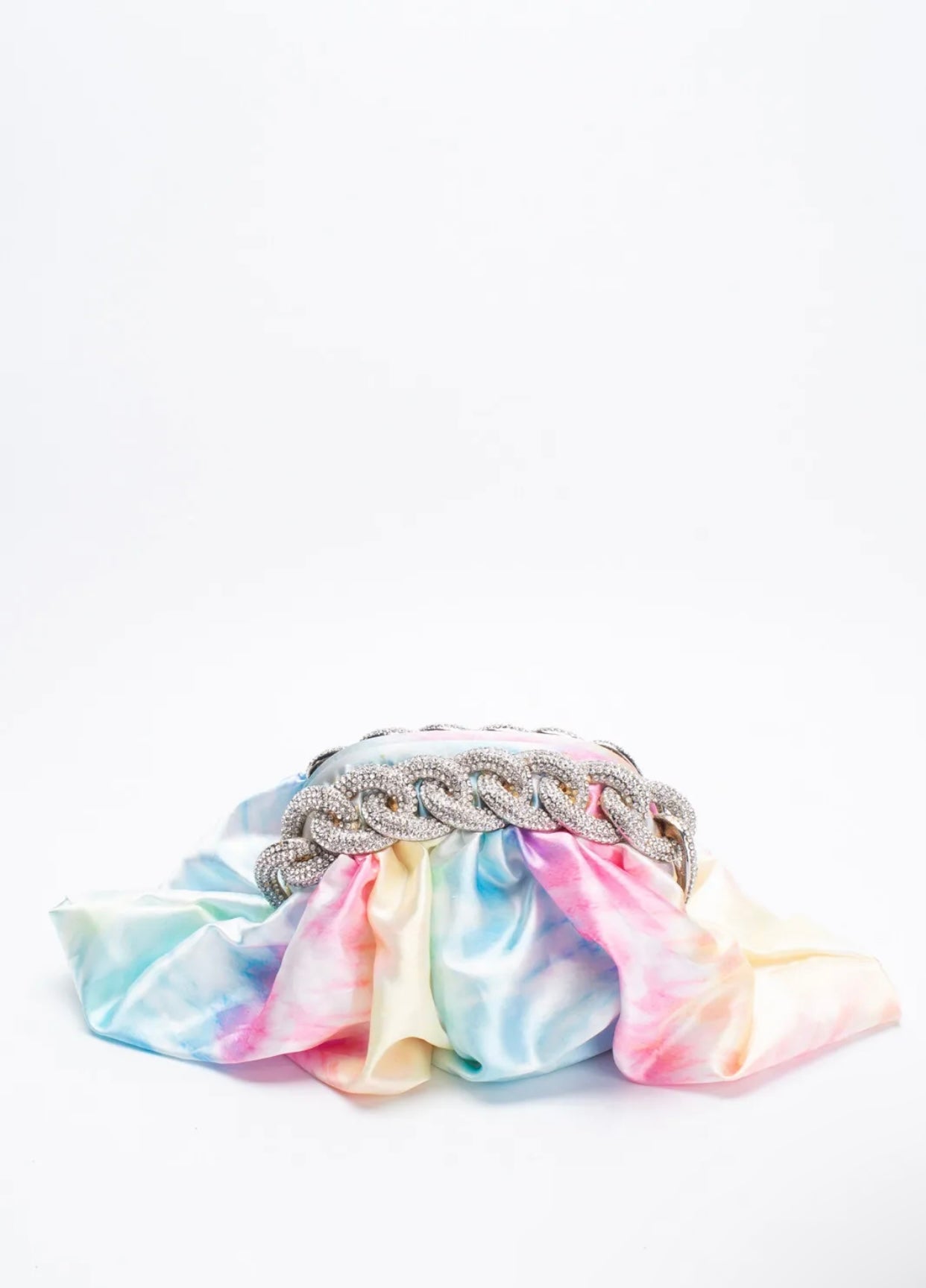 $550 GEDEBE Tie Dye Satin Clutch Bag Rhinestones Trim Chain Strap