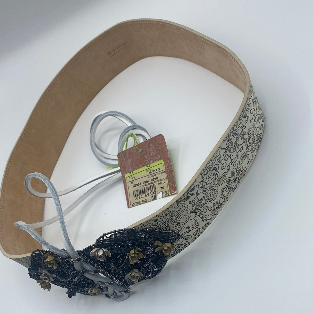 $860 ETRO Leather waist Belt, Size 75/30, Floral Pattern, lace up Front Closure.