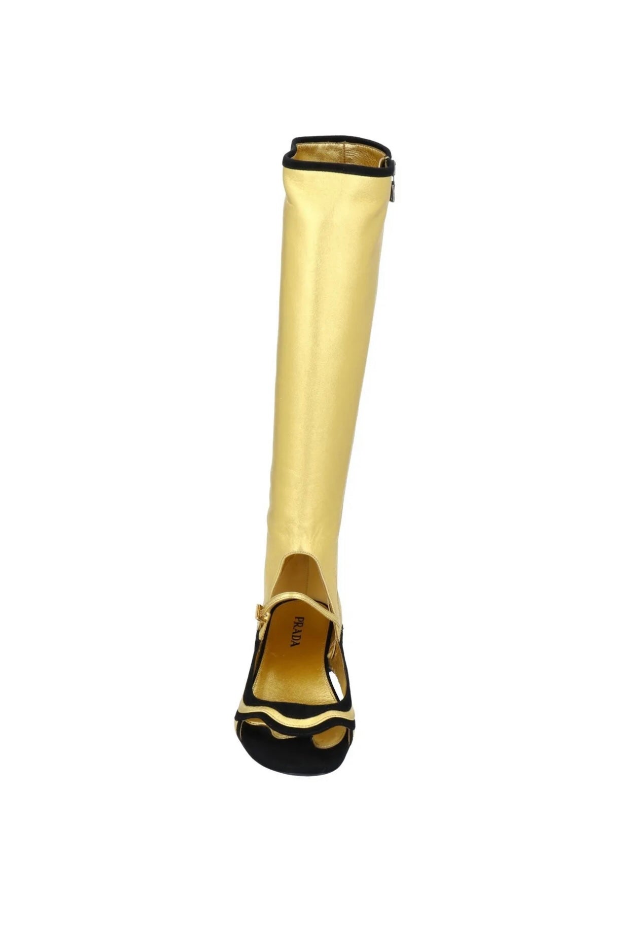 $1495 PRADA Leather Knee High Boots US6 UK3 EU36 Metallic Cut Out Two-Tone