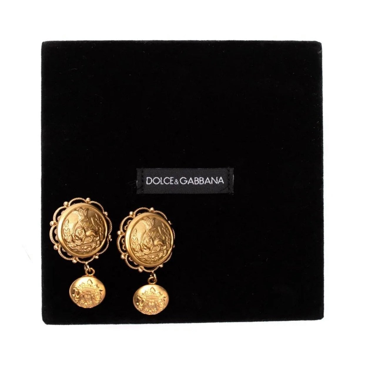 $1100 DOLCE & GABBANA Clip On Button Design Earrings Embossed Lion & Crown Made in Italy
