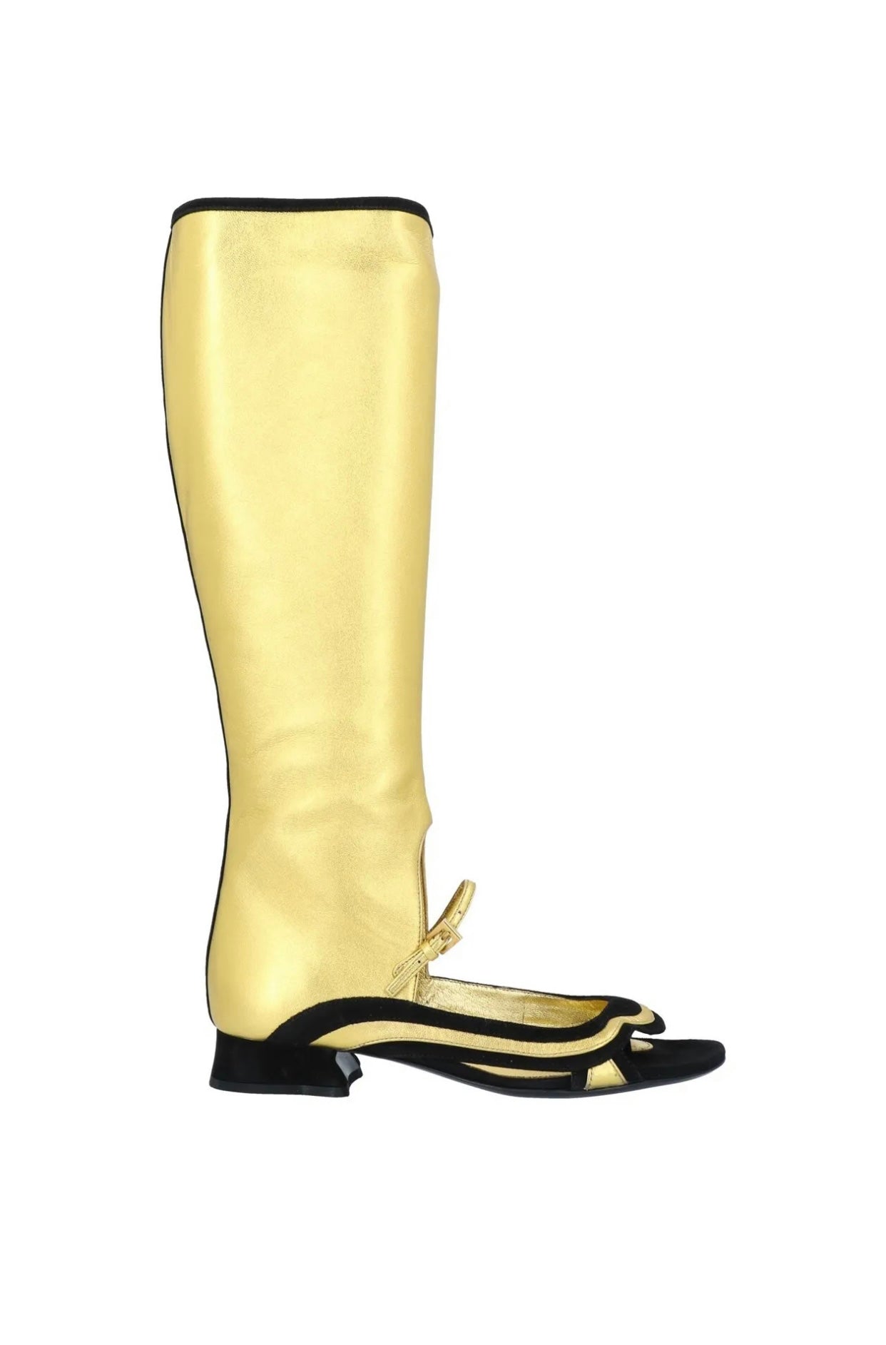 $1495 PRADA Leather Knee High Boots US6 UK3 EU36 Metallic Cut Out Two-Tone