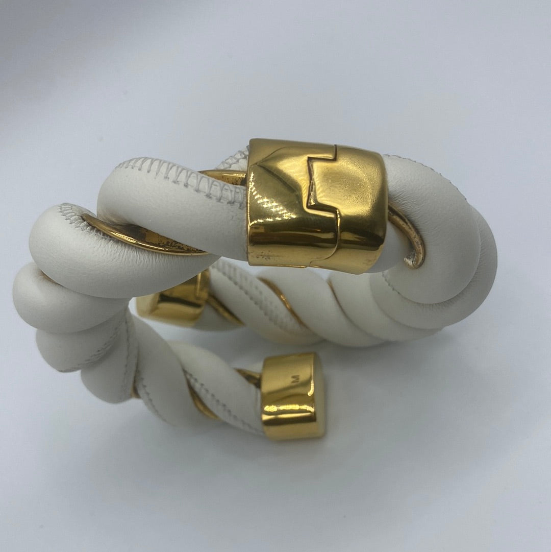 $1495 BOTTEGA VENETA 925 Silver & Leather Cuff Bracelet Size M Twist Two Tone