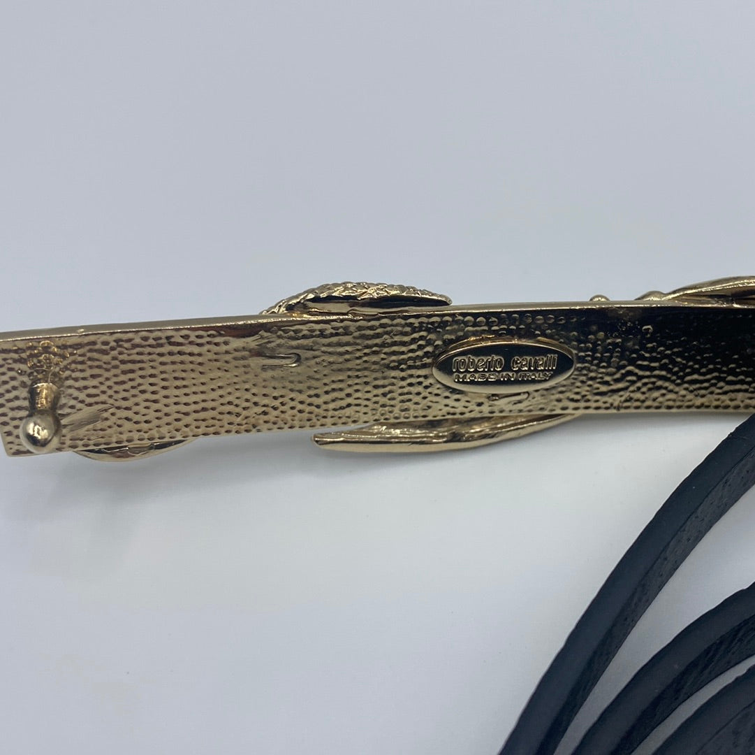 $650 Roberto Cavalli Black Leather Belt With Gold Plated Snake Buckle. Made in Italy
