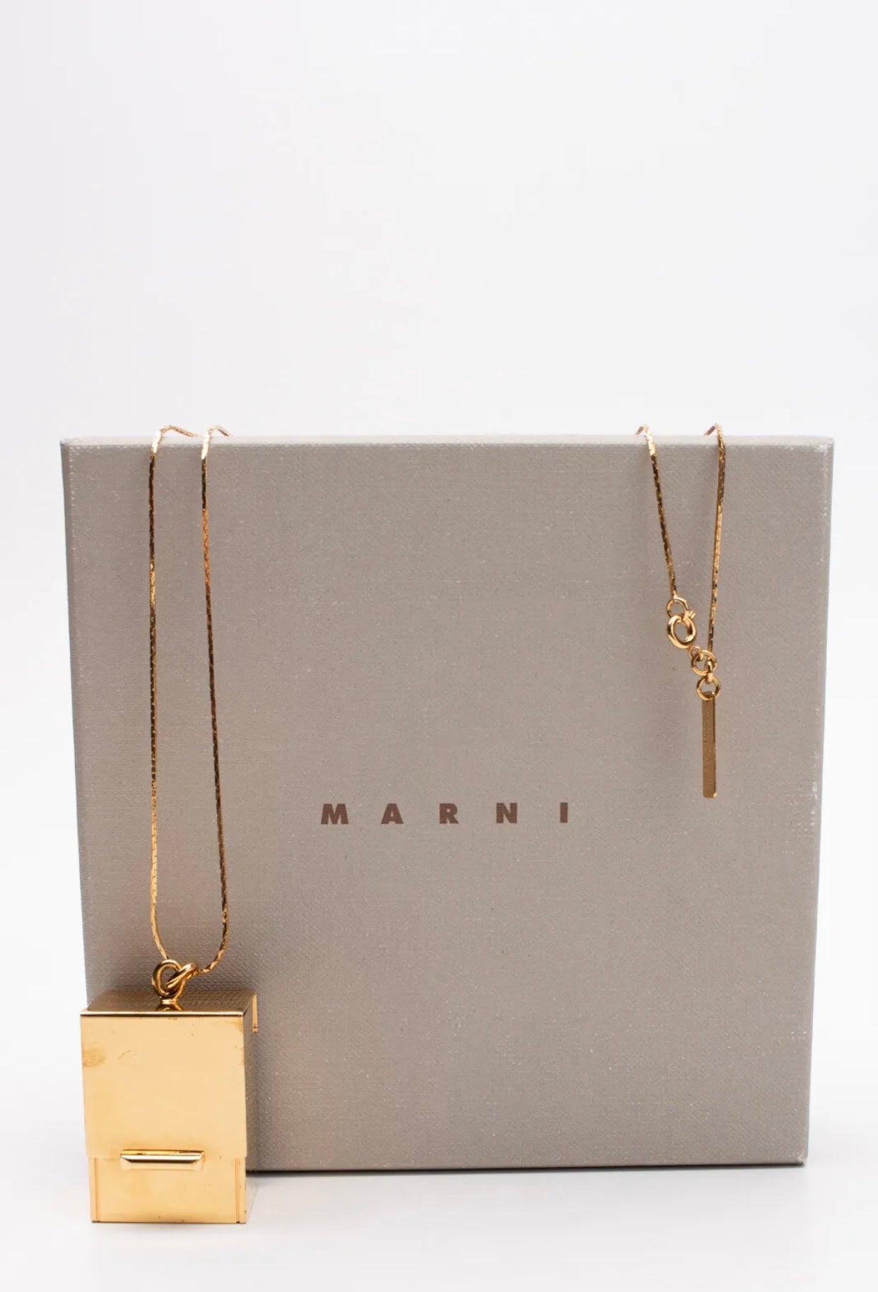 $499 MARNI Box Pendant Chain Necklace Gold Tone Logo Charm Made in Italy