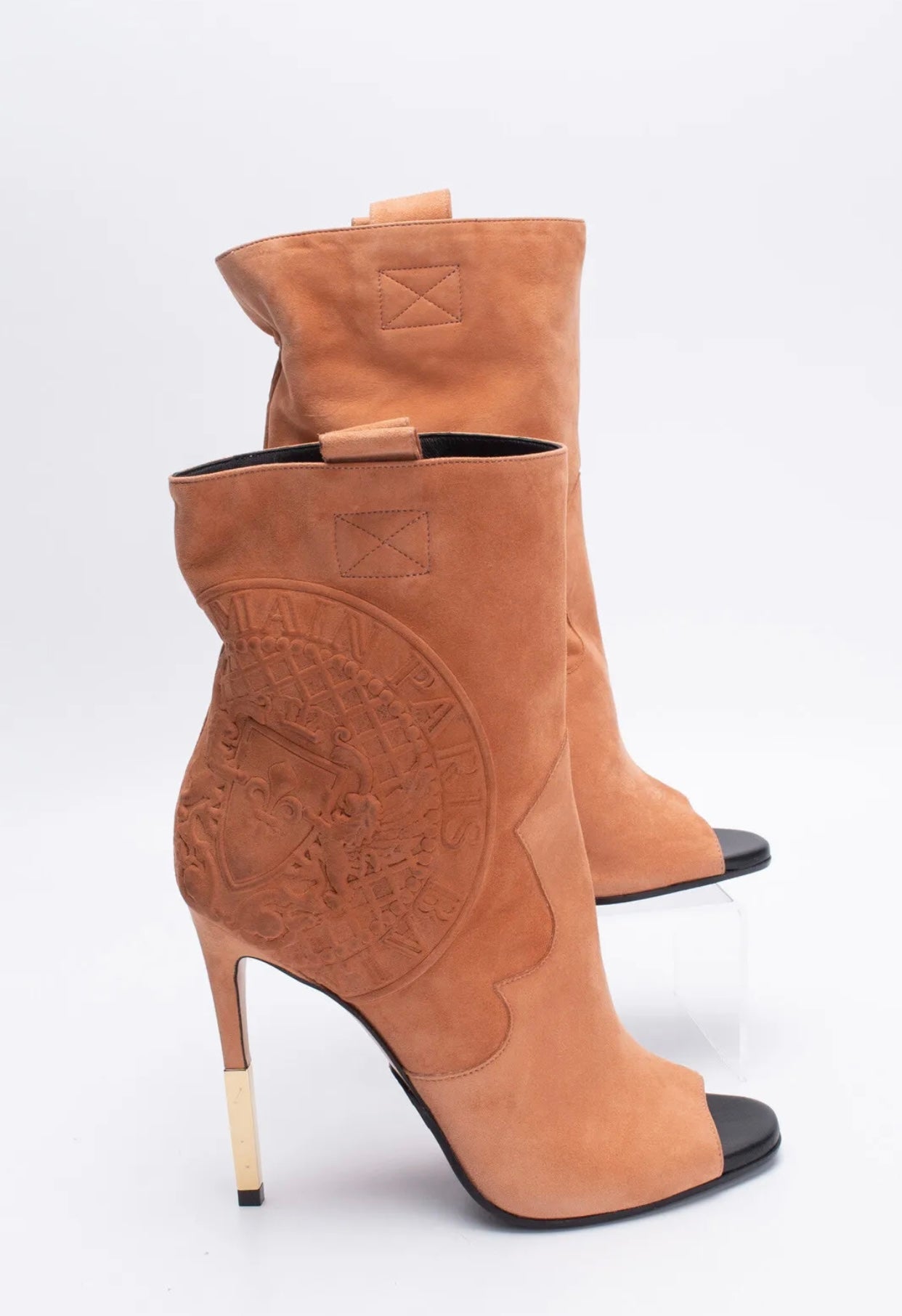 $1050 BALMAIN Leather Ankle Boots US7 UK4 EU37 Blazon Logo Heel Made in Italy