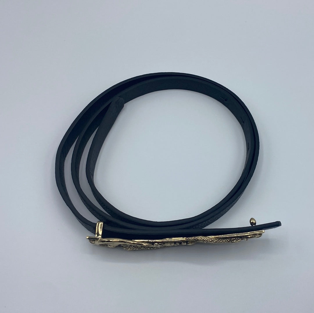 $650 Roberto Cavalli Black Leather Belt With Gold Plated Snake Buckle. Made in Italy