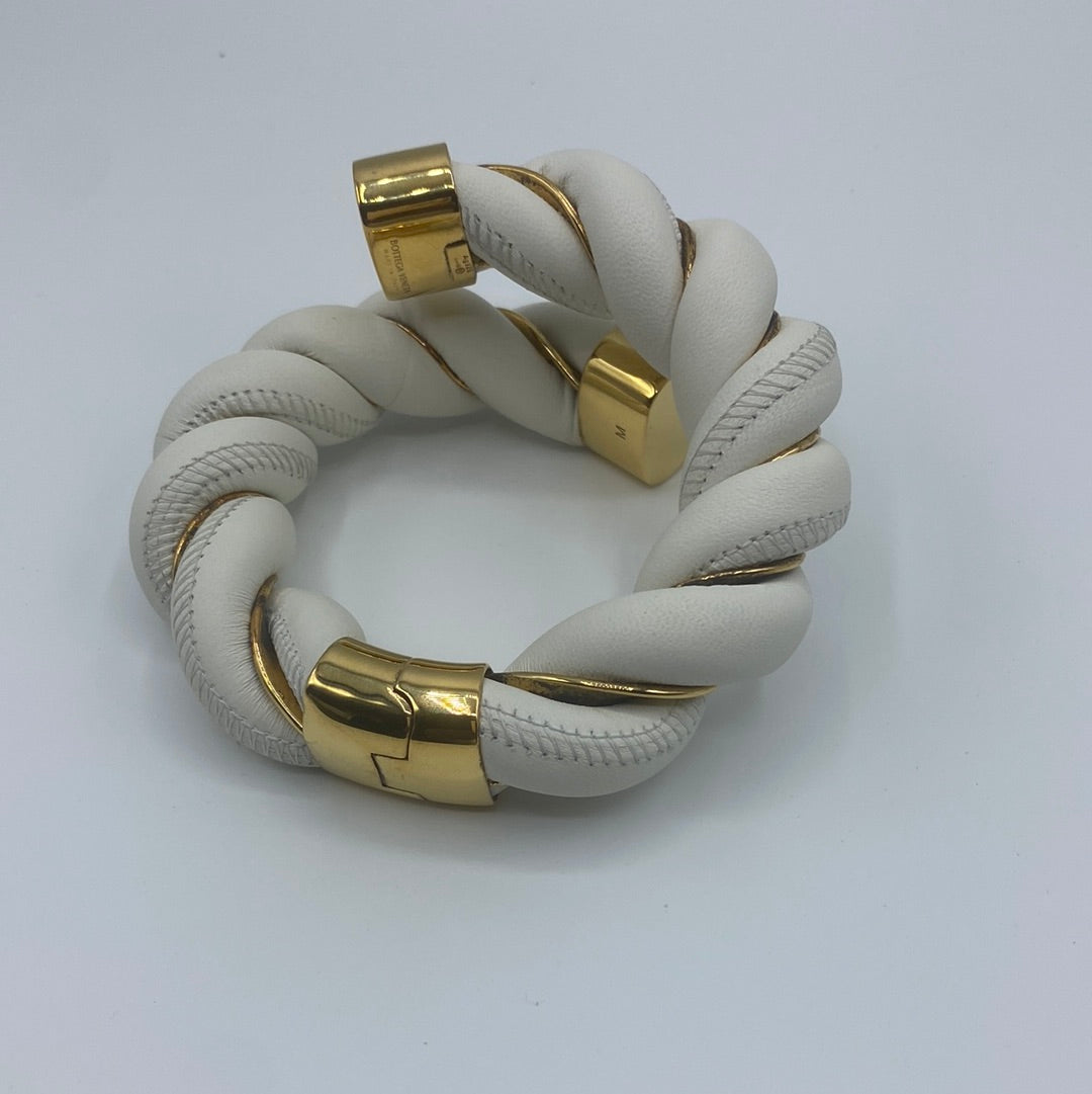 $1495 BOTTEGA VENETA 925 Silver & Leather Cuff Bracelet Size M Twist Two Tone