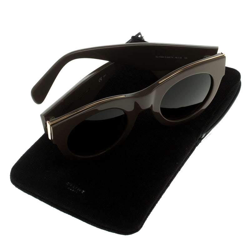 $650 Celine CL 40196 Mocha Greige 46-25-145 Thick Gold Trim Round Sunglasses Made in Italy