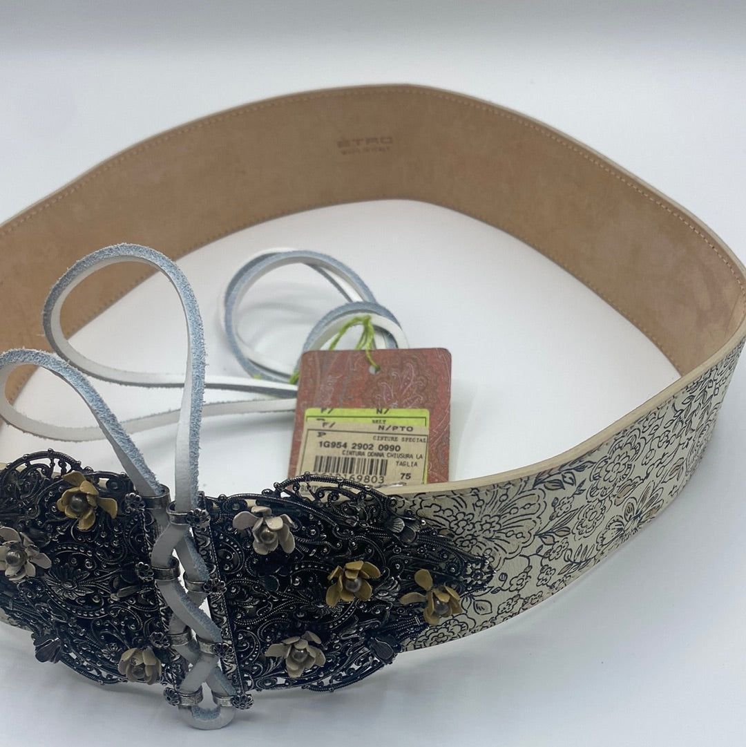 $860 ETRO Leather waist Belt, Size 75/30, Floral Pattern, lace up Front Closure.