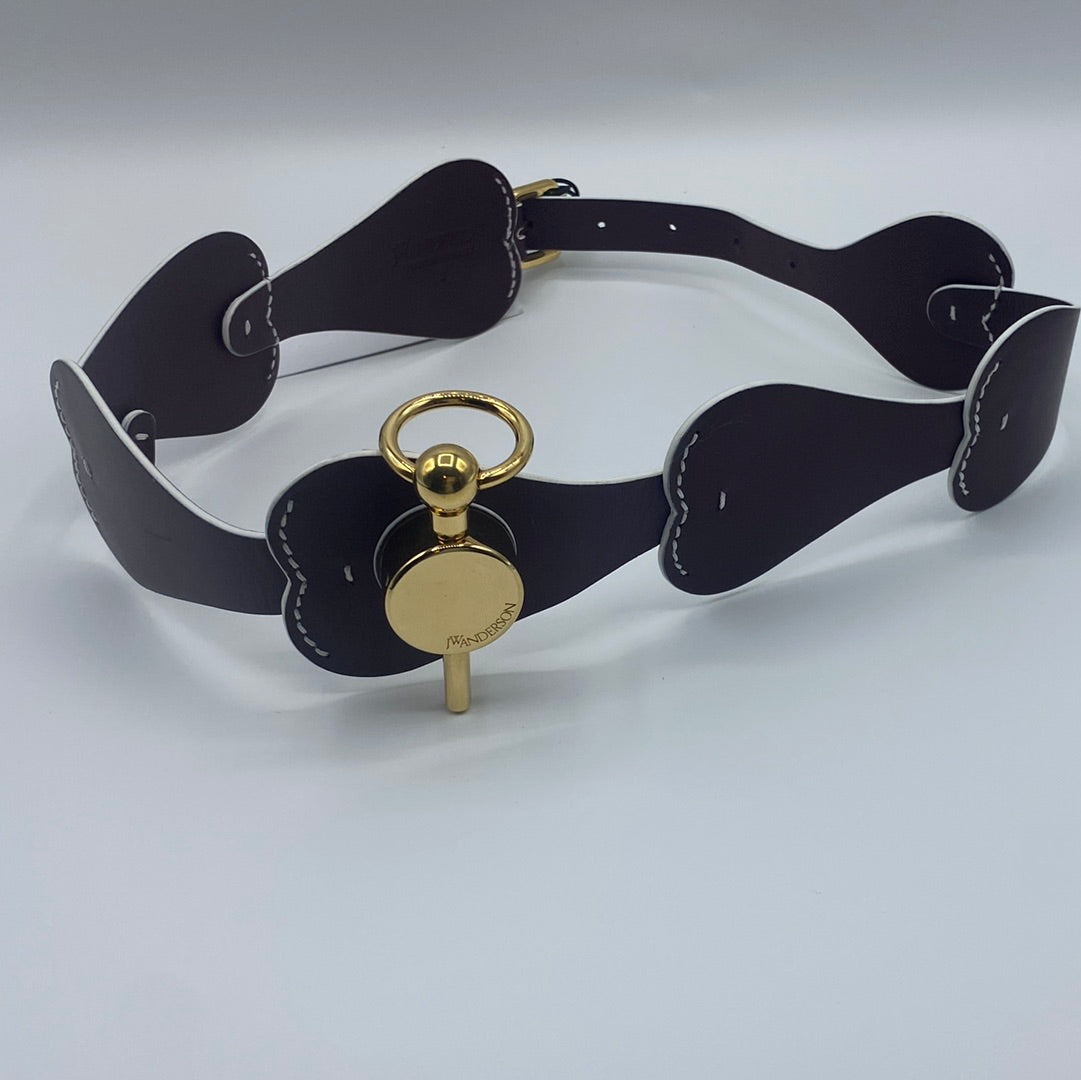 $879JW Anderson Brown Leather Waist Belt Size S Patchwork Pin Detail. Made in Italy