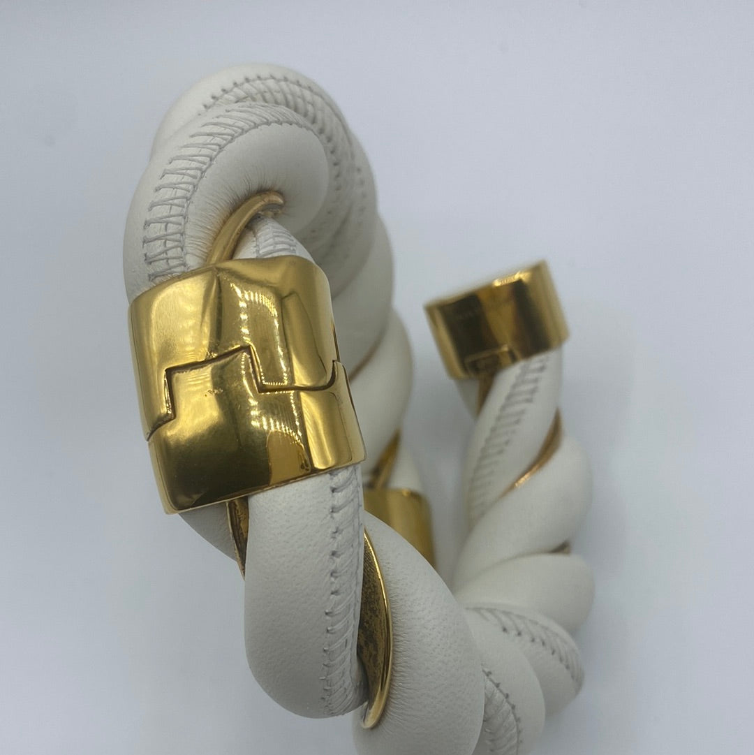 $1495 BOTTEGA VENETA 925 Silver & Leather Cuff Bracelet Size M Twist Two Tone