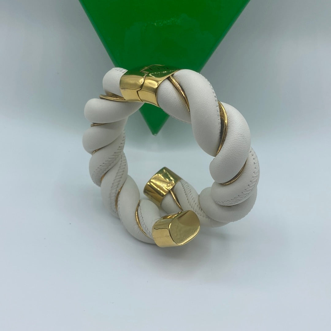 $1495 BOTTEGA VENETA 925 Silver & Leather Cuff Bracelet Size M Twist Two Tone