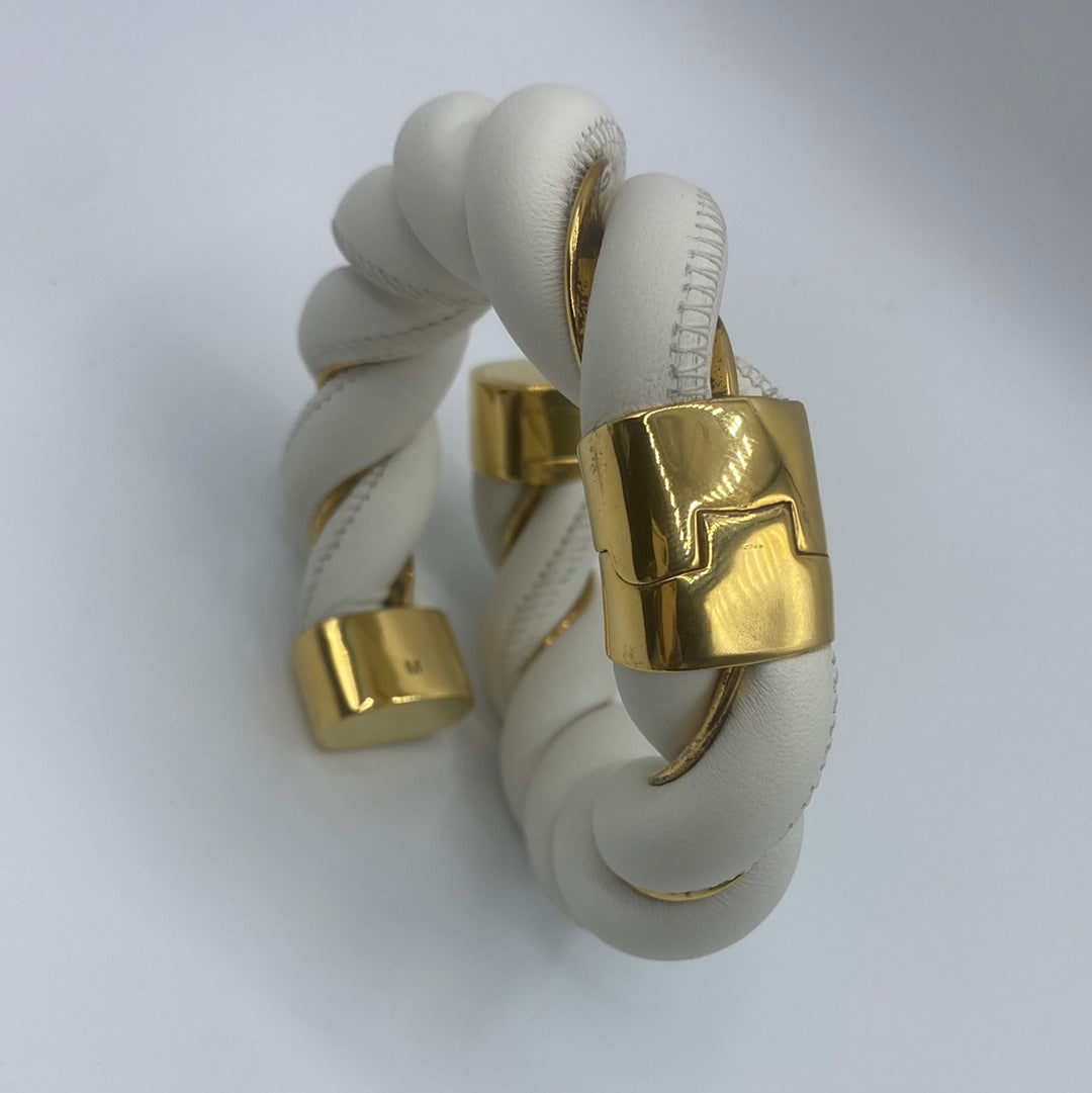 $1495 BOTTEGA VENETA 925 Silver & Leather Cuff Bracelet Size M Twist Two Tone