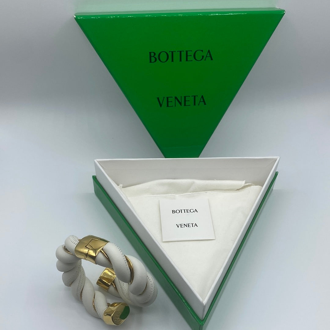$1495 BOTTEGA VENETA 925 Silver & Leather Cuff Bracelet Size M Twist Two Tone