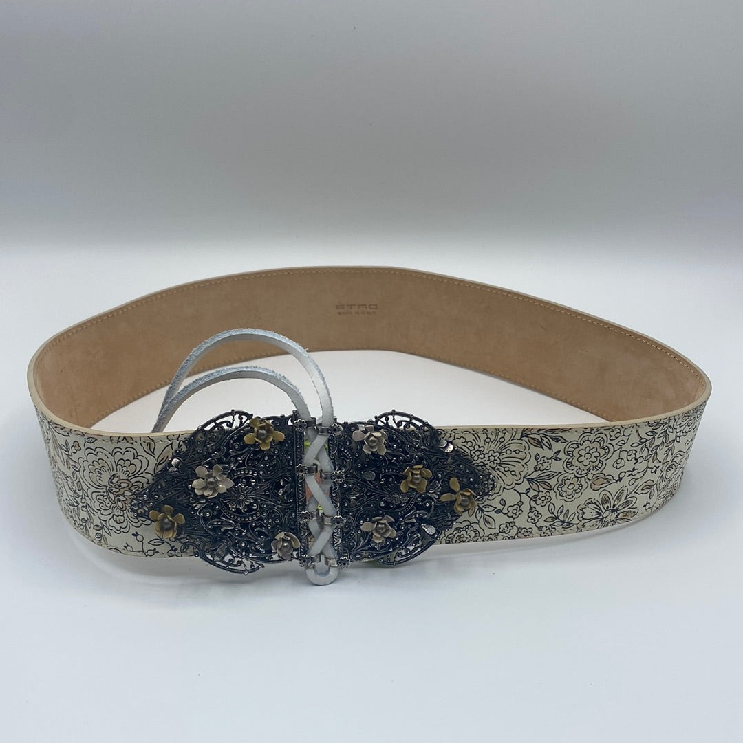 $860 ETRO Leather waist Belt, Size 75/30, Floral Pattern, lace up Front Closure.