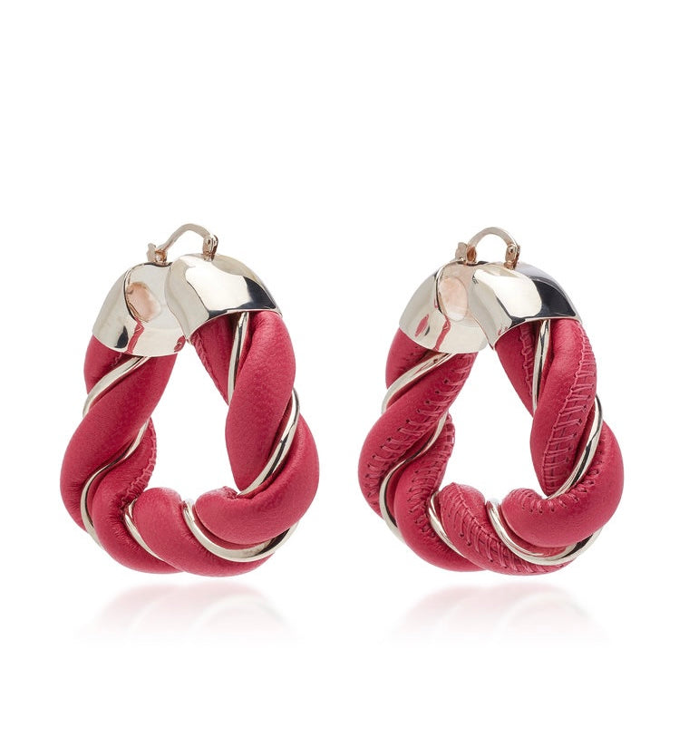 $580 BOTTEGA VENETA 925 Sterling Silver & Leather Twisted Triangle Earrings