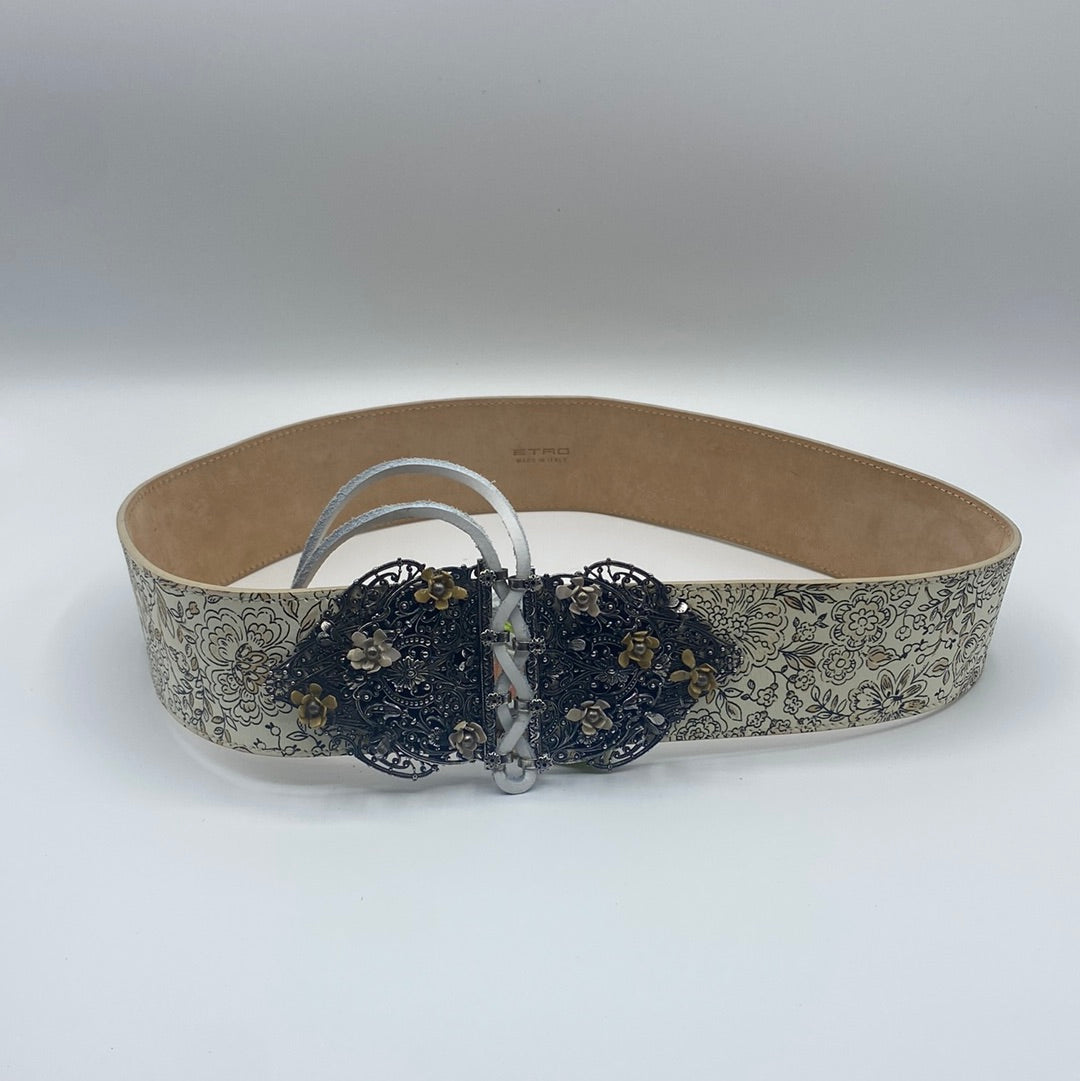 $860 ETRO Leather waist Belt, Size 75/30, Floral Pattern, lace up Front Closure.