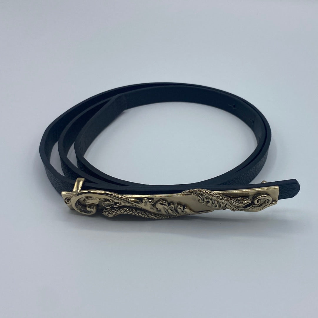 $650 Roberto Cavalli Black Leather Belt With Gold Plated Snake Buckle. Made in Italy