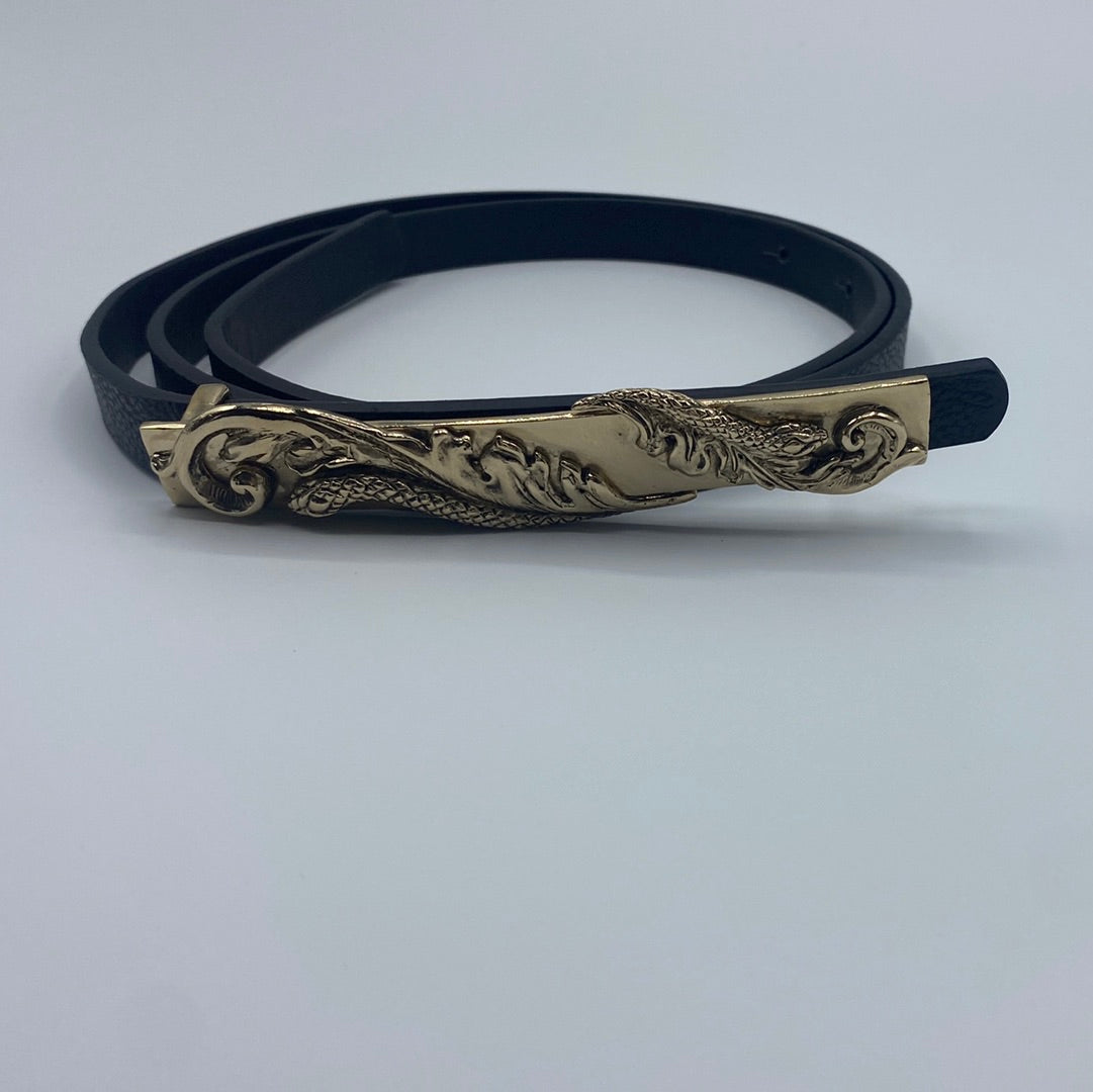 $650 Roberto Cavalli Black Leather Belt With Gold Plated Snake Buckle. Made in Italy