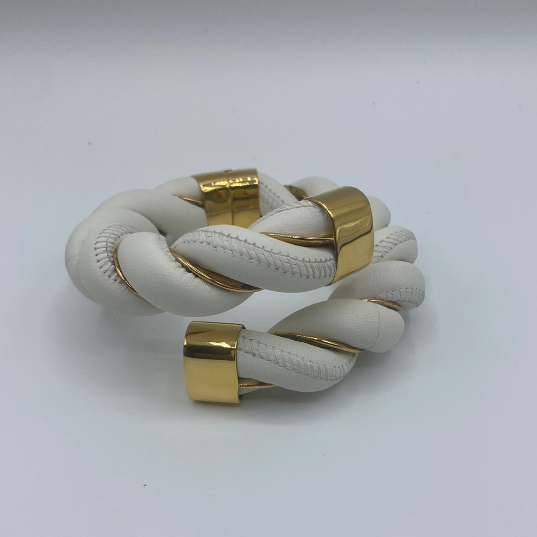 $1495 BOTTEGA VENETA 925 Silver & Leather Cuff Bracelet Size M Twist Two Tone