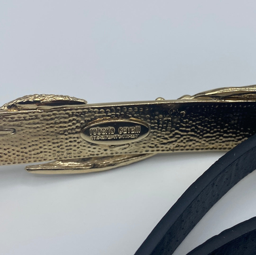 $650 Roberto Cavalli Black Leather Belt With Gold Plated Snake Buckle. Made in Italy