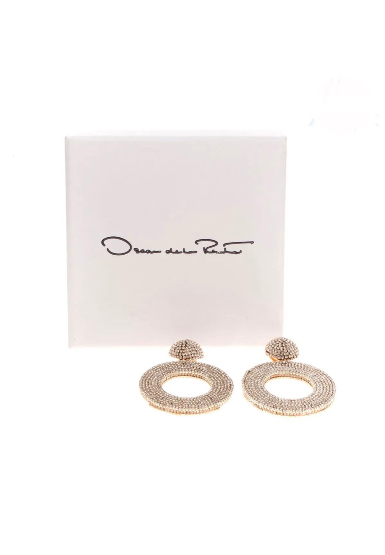 $380 OSCAR DE LA RENTA Hoop Clip On Earrings Rhinestones Embellished