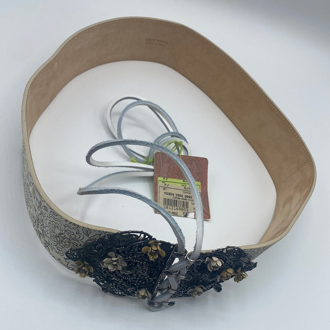 $860 ETRO Leather waist Belt, Size 75/30, Floral Pattern, lace up Front Closure.