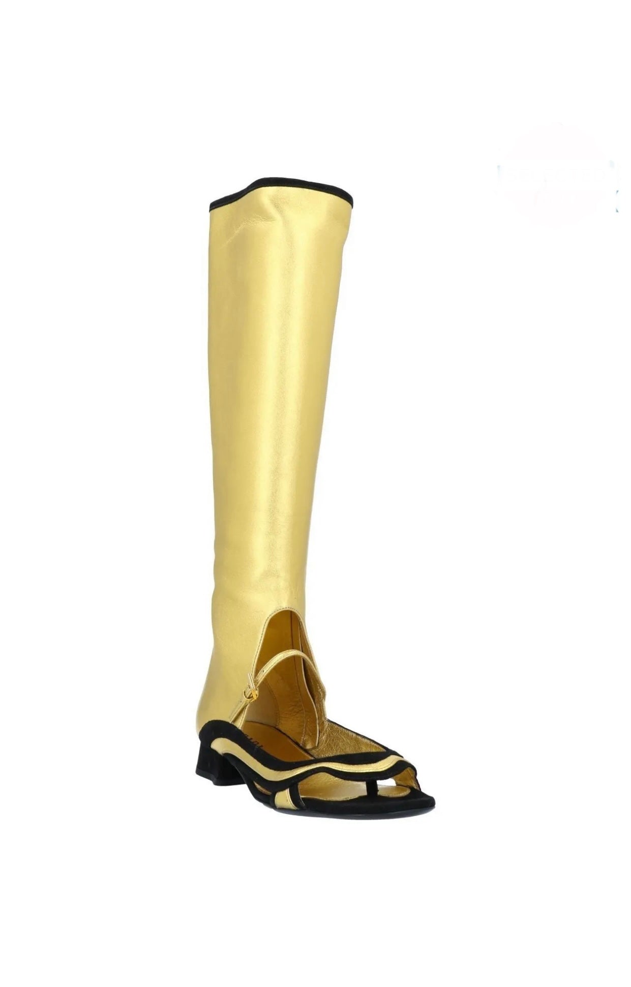 $1495 PRADA Leather Knee High Boots US6 UK3 EU36 Metallic Cut Out Two-Tone